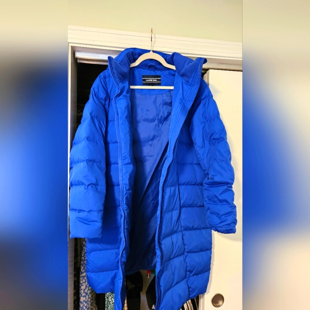 Lands' End Blue Long Down Winter Coat Puffer - L (14-16)